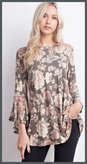 Olive Floral Bell Sleeve Top