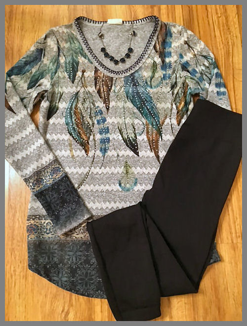 Multi-Colored Gray & Turquoise Feather Top